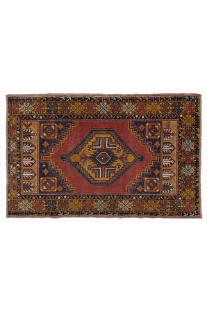 114x175 cm El Düğümlü Eski Oryantal Halı, Kabile Tarzı Yün Halı