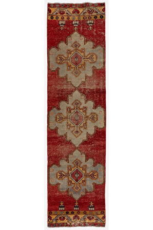 90x347 cm Eski El Yapımı Türk Runner. Türünün tek örneği Yün Koridor Halısı