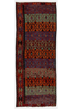 158x400 cm Nadir Bulunan Eski El Dokuması Kilim, Dekoratif Yolluk kilim, Çok Renkli