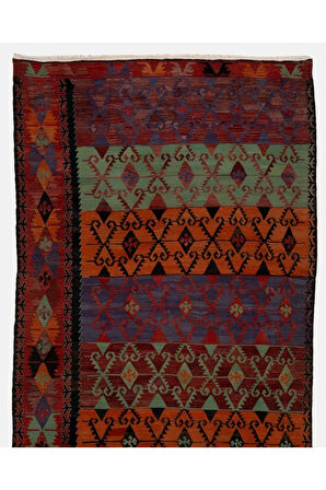 158x400 cm Nadir Bulunan Eski El Dokuması Kilim, Dekoratif Yolluk kilim, Çok Renkli