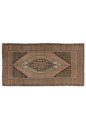127x245 cm Madalyon Desenli Eski El Yapımı Halı, %100 Yün