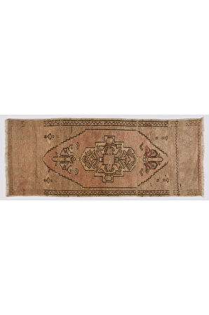 46x110 cm Küçük El-Düğümlü Yün Kapı Paspası. Eski El Yapımı Anadolu'dan Küçük Halı