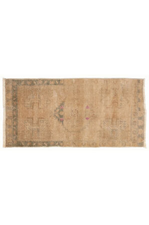52x105 cm Küçük El Düğümlü Yün Halı. Eski El Yapımı Anadolu'dan Küçük Halı