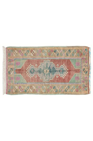 85x140 cm Yumuşak Kırmızı, Yeşil, Pembe, Mor Renklerde Eski Türk Dağılım Halısı
