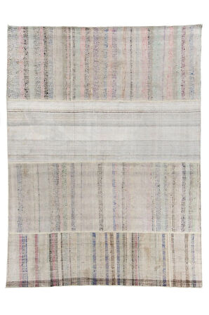 280x370 cm Pastel Renkli Çizgili Eski El Dokuma Kilim, %100 Pamuk Çaput