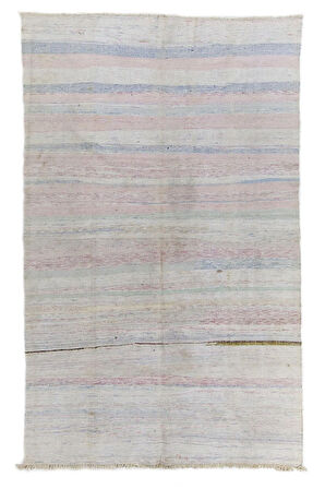 210x335 cm Yumuşak Renklerde Pamuklu Çizgi Desenli Eski El Dokuması Kilim