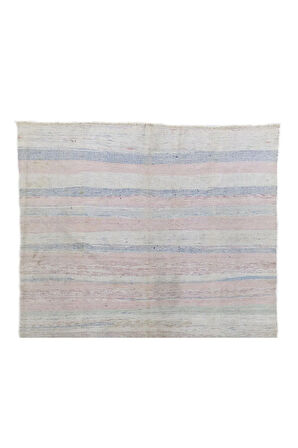 210x335 cm Yumuşak Renklerde Pamuklu Çizgi Desenli Eski El Dokuması Kilim