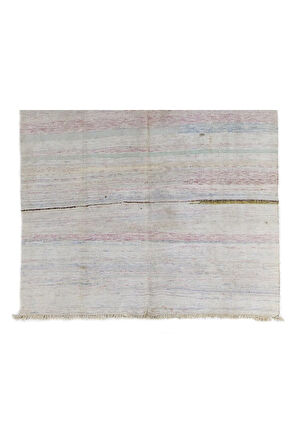 210x335 cm Yumuşak Renklerde Pamuklu Çizgi Desenli Eski El Dokuması Kilim