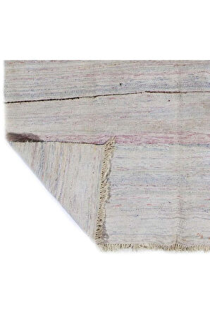 210x335 cm Yumuşak Renklerde Pamuklu Çizgi Desenli Eski El Dokuması Kilim