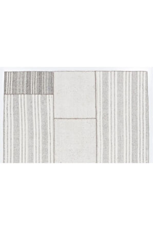 255x313 cm Beyaz Çizgili Gri Eski El Dokuma Türk Keçi Kılı ve Pamuklu Kilim Halı