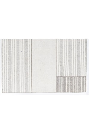 255x313 cm Beyaz Çizgili Gri Eski El Dokuma Türk Keçi Kılı ve Pamuklu Kilim Halı