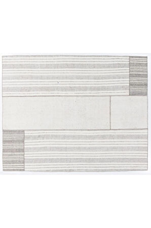 255x313 cm Beyaz Çizgili Gri Eski El Dokuma Türk Keçi Kılı ve Pamuklu Kilim Halı