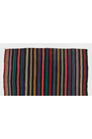 156x198 cm Siyah, Turuncu, Leylak, Yeşil Çizgili Eski Düz Dokuma Kilim Halı, Dekoratif Kilim