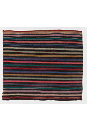156x198 cm Siyah, Turuncu, Leylak, Yeşil Çizgili Eski Düz Dokuma Kilim Halı, Dekoratif Kilim