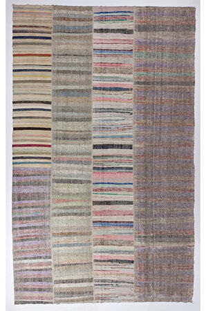 311x515 cm Eski Çizgi Desenli El Dokuması Kilim. Düz Dokuma Çaput Halı. Renkli Kilim