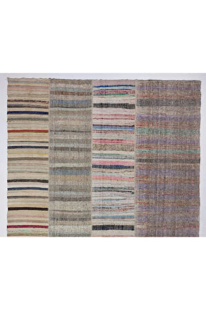 311x515 cm Eski Çizgi Desenli El Dokuması Kilim. Düz Dokuma Çaput Halı. Renkli Kilim