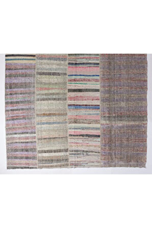 311x515 cm Eski Çizgi Desenli El Dokuması Kilim. Düz Dokuma Çaput Halı. Renkli Kilim