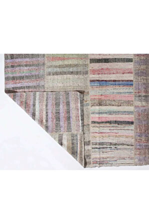 311x515 cm Eski Çizgi Desenli El Dokuması Kilim. Düz Dokuma Çaput Halı. Renkli Kilim