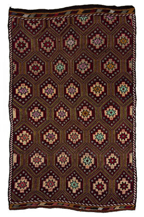182x290 cm Çok Renkli Eski El Yapımı Cicim Kilim, %100 Yün