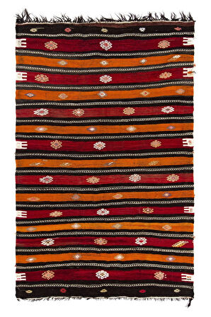 190x296 cm Çok Renkli Çizgili El Dokuması Kilim, Dekoratif Düz Dokuma Kilim, %100 Yün