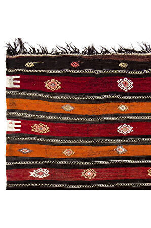190x296 cm Çok Renkli Çizgili El Dokuması Kilim, Dekoratif Düz Dokuma Kilim, %100 Yün