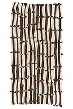 167x327 cm Çok Renkli Ponponlu Doğal Yünden Yapılmış Eski El Dokuması Kilim