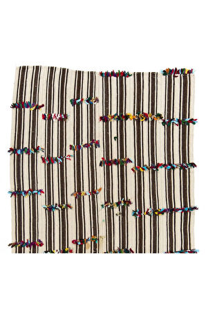 167x327 cm Çok Renkli Ponponlu Doğal Yünden Yapılmış Eski El Dokuması Kilim