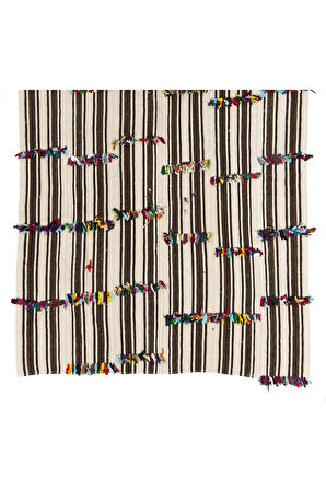 167x327 cm Çok Renkli Ponponlu Doğal Yünden Yapılmış Eski El Dokuması Kilim
