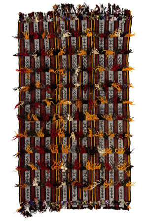 157x280 cm Çizgili El Dokuması Kilim, Düz Dokuma Kilim, Yün-Pamuk Ponponlu Yer Örtüsü