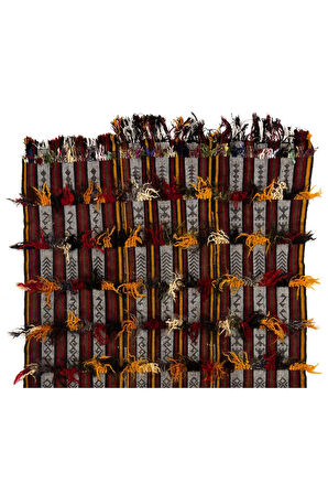 157x280 cm Çizgili El Dokuması Kilim, Düz Dokuma Kilim, Yün-Pamuk Ponponlu Yer Örtüsü