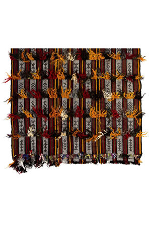 157x280 cm Çizgili El Dokuması Kilim, Düz Dokuma Kilim, Yün-Pamuk Ponponlu Yer Örtüsü