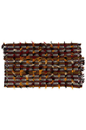 157x280 cm Çizgili El Dokuması Kilim, Düz Dokuma Kilim, Yün-Pamuk Ponponlu Yer Örtüsü