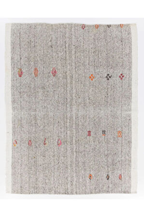 186x242 cm El Dokuma Eski Kilim, Gri Tonlarda Düz Dokuma Kilim