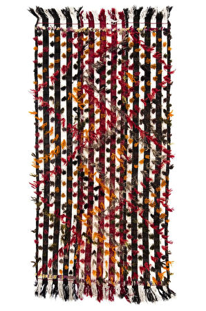 127x260 cm Çok Renkli Ponponlu Çizgili Eski Kilim Halısı. Zemin Örtüsü, Yatak Örtüsü, Duvar Askısı