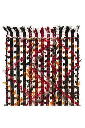 127x260 cm Çok Renkli Ponponlu Çizgili Eski Kilim Halısı. Zemin Örtüsü, Yatak Örtüsü, Duvar Askısı