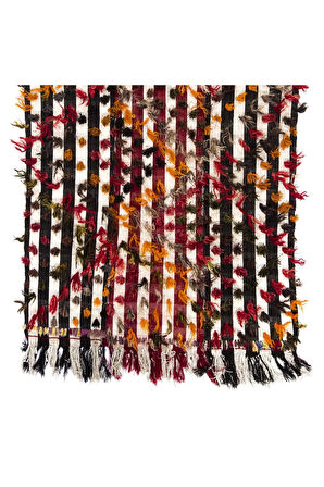 127x260 cm Çok Renkli Ponponlu Çizgili Eski Kilim Halısı. Zemin Örtüsü, Yatak Örtüsü, Duvar Askısı