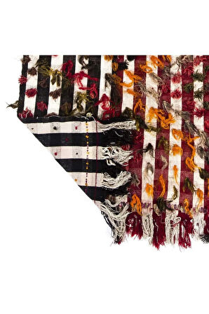 127x260 cm Çok Renkli Ponponlu Çizgili Eski Kilim Halısı. Zemin Örtüsü, Yatak Örtüsü, Duvar Askısı
