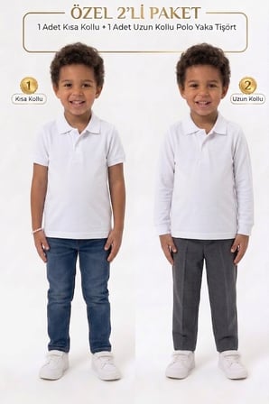 Unisex Çocuk Uzun ve Kısa Kollu Polo Yaka Okul Tişörtü 2'li Set