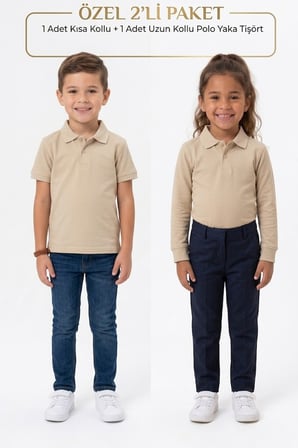 Unisex Çocuk Uzun ve Kısa Kollu Polo Yaka Okul Tişörtü 2'li Set