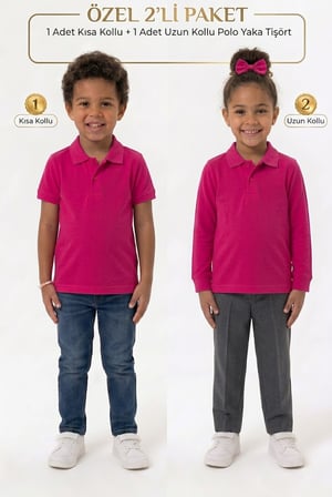 Unisex Çocuk Uzun ve Kısa Kollu Polo Yaka Okul Tişörtü 2'li Set