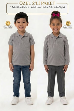 Unisex Çocuk Uzun ve Kısa Kollu Polo Yaka Okul Tişörtü 2'li Set