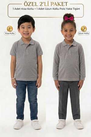 Unisex Çocuk Uzun ve Kısa Kollu Polo Yaka Okul Tişörtü 2'li Set