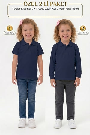 Unisex Çocuk Uzun ve Kısa Kollu Polo Yaka Okul Tişörtü 2'li Set