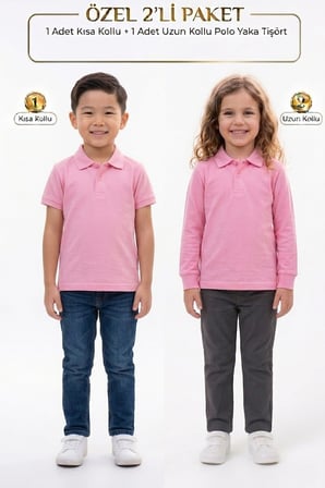 Unisex Çocuk Uzun ve Kısa Kollu Polo Yaka Okul Tişörtü 2'li Set