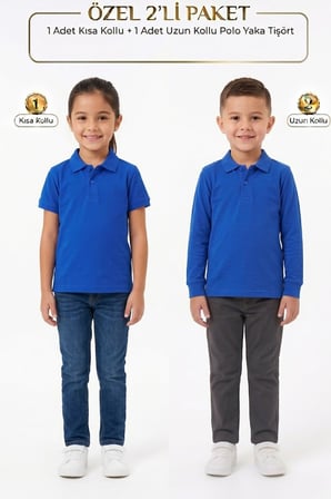 Unisex Çocuk Uzun ve Kısa Kollu Polo Yaka Okul Tişörtü 2'li Set