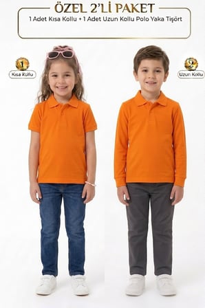 Unisex Çocuk Uzun ve Kısa Kollu Polo Yaka Okul Tişörtü 2'li Set