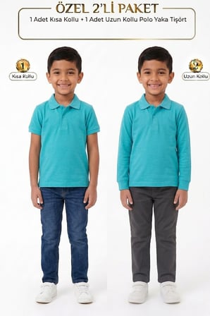 Unisex Çocuk Uzun ve Kısa Kollu Polo Yaka Okul Tişörtü 2'li Set