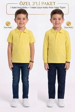 Unisex Çocuk Uzun ve Kısa Kollu Polo Yaka Okul Tişörtü 2'li Set