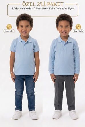 Unisex Çocuk Uzun ve Kısa Kollu Polo Yaka Okul Tişörtü 2'li Set