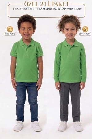 Unisex Çocuk Uzun ve Kısa Kollu Polo Yaka Okul Tişörtü 2'li Set